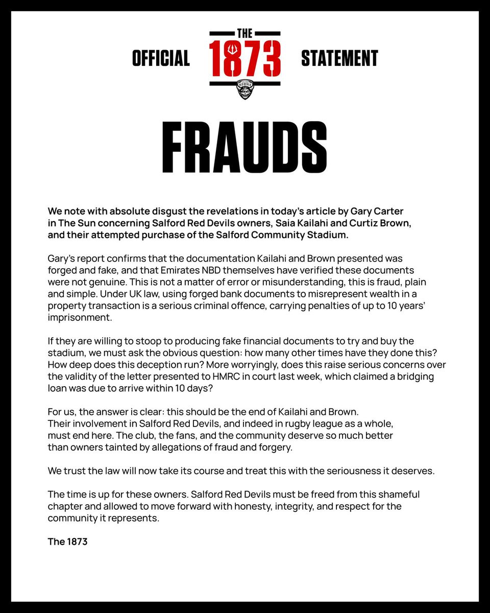 The1873_'s tweet image. Forged bank docs. Fake wealth. Now questions over last week’s HMRC letter.

Kailahi &amp;amp; Brown have dragged Salford into disgrace, this must be the END of their ownership.

We trust the law will treat this with the seriousness it deserves.

The 1873