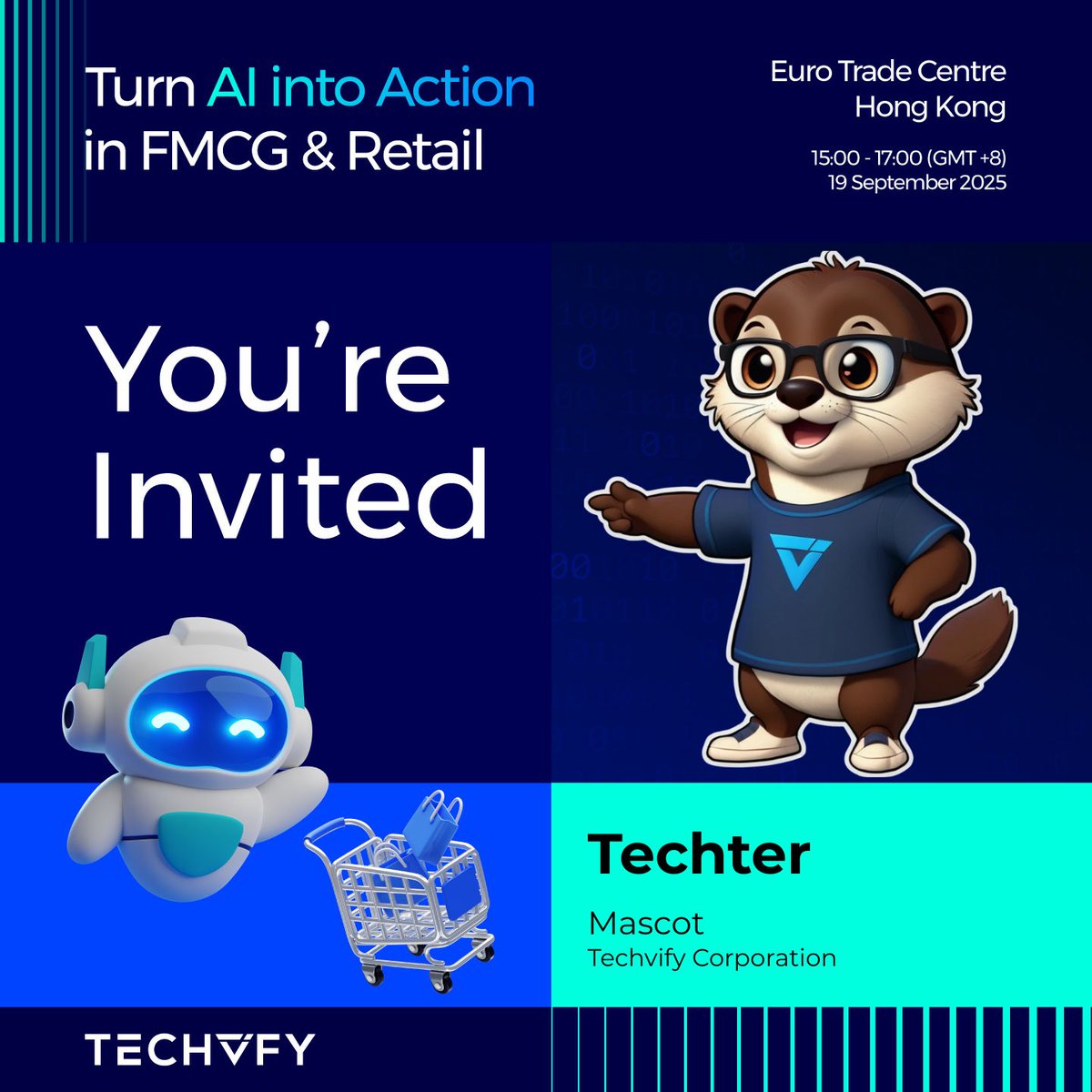 Techvify's tweet image. 🎉 YOU’RE INVITED!
Turn AI into Action in FMCG & Retail
📍 Hong Kong & Online | 🗓️ 19 Sept, 15:00–17:00 (GMT+8)
🚀 Limited seats - save yours now! 👇
#AI #Retail #FMCG #Techvify #TurnAIintoAction