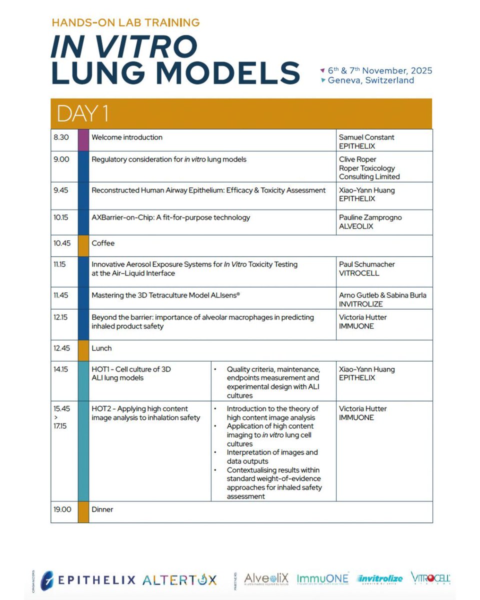 AltertoxAcademy's tweet image. 🚨 Epithelix Hands-on Lab training: In vitro Lung Models 2025 🚨 
The event is officially sold out 🎉 Thank you to all participants! 
To help you plan your two days of immersive learning, we’re sharing the full agenda. 

 #AltertoxTraining #invitromodels #lungmodels