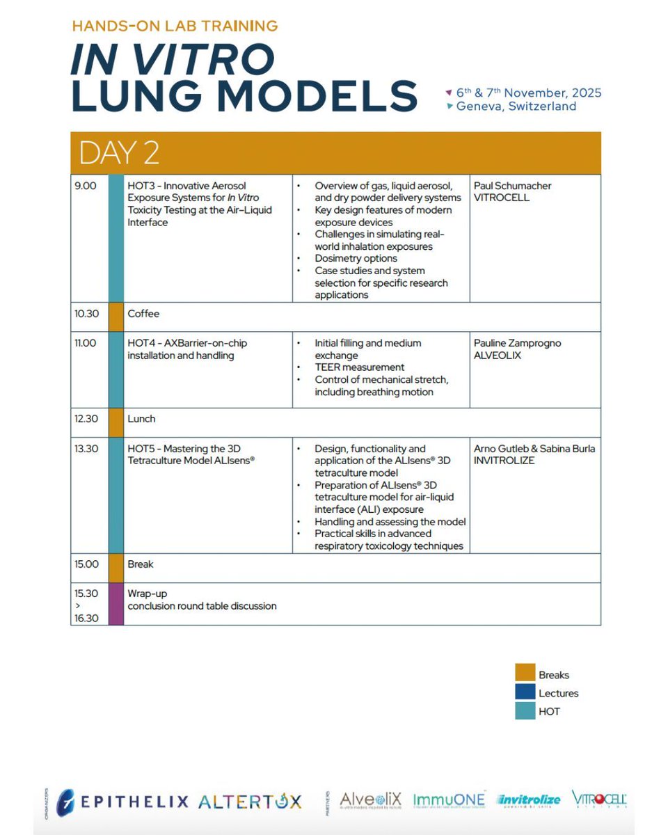AltertoxAcademy's tweet image. 🚨 Epithelix Hands-on Lab training: In vitro Lung Models 2025 🚨 
The event is officially sold out 🎉 Thank you to all participants! 
To help you plan your two days of immersive learning, we’re sharing the full agenda. 

 #AltertoxTraining #invitromodels #lungmodels