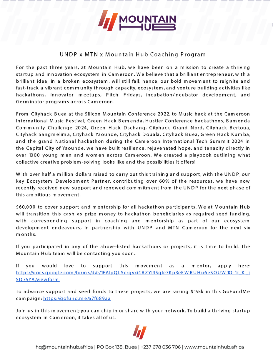 UNDP x MTN x Mountain Hub Coaching Program 

#MountainHub #UNDP  #MTNCameroon