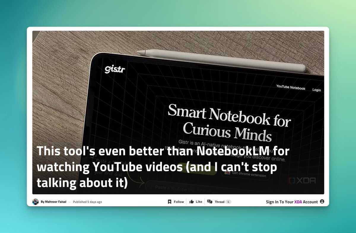 arunantonya's tweet image. We’re thrilled to see @GistrHQ  featured in this fantastic review! 

Huge thanks for spotlighting how we’re reimagining YouTube learning and making note-taking smarter (and a bit more fun). Grateful to all our early adopters for your support and feedback - it keeps us building.…