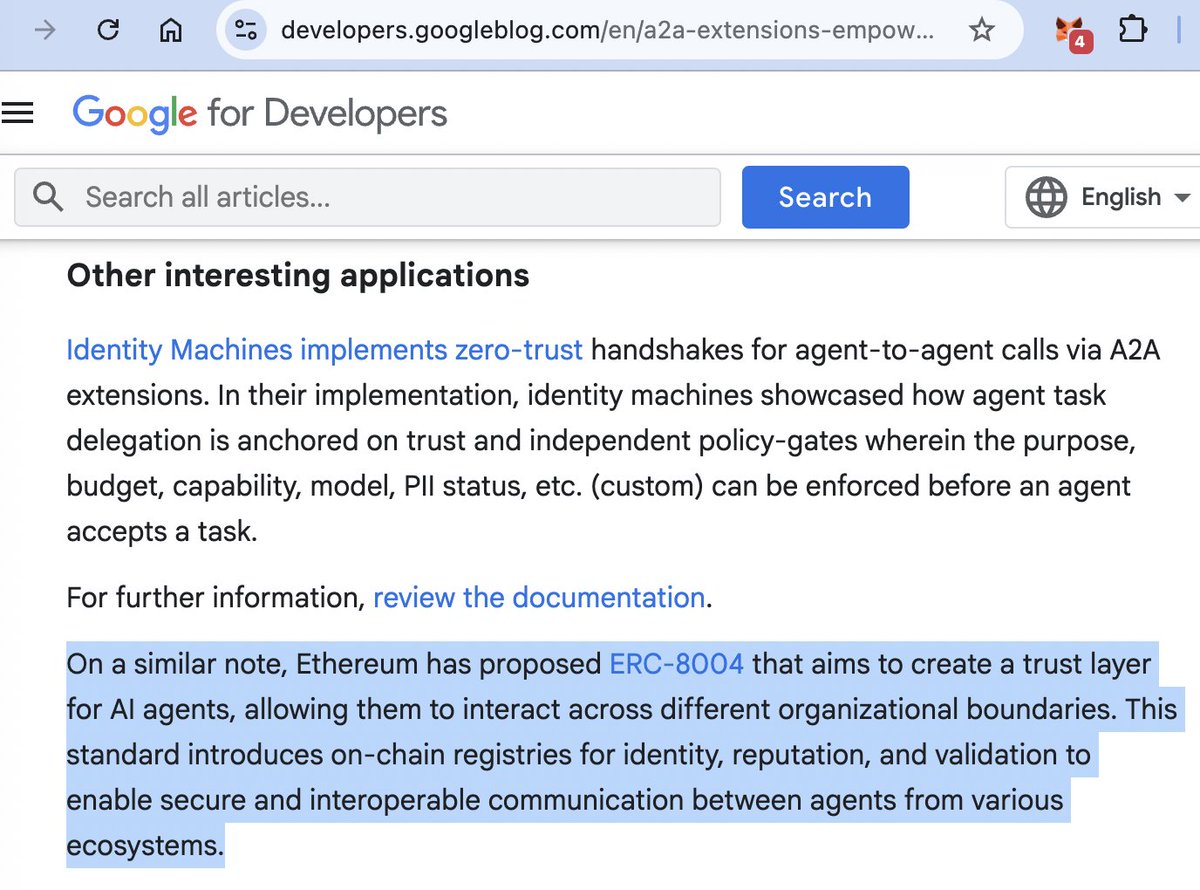 marco_derossi's tweet image. The 🐣 baby is just 3 weeks old—and already on Google’s blog!
Long live ERC-8004, the bridge between AI and Web3!