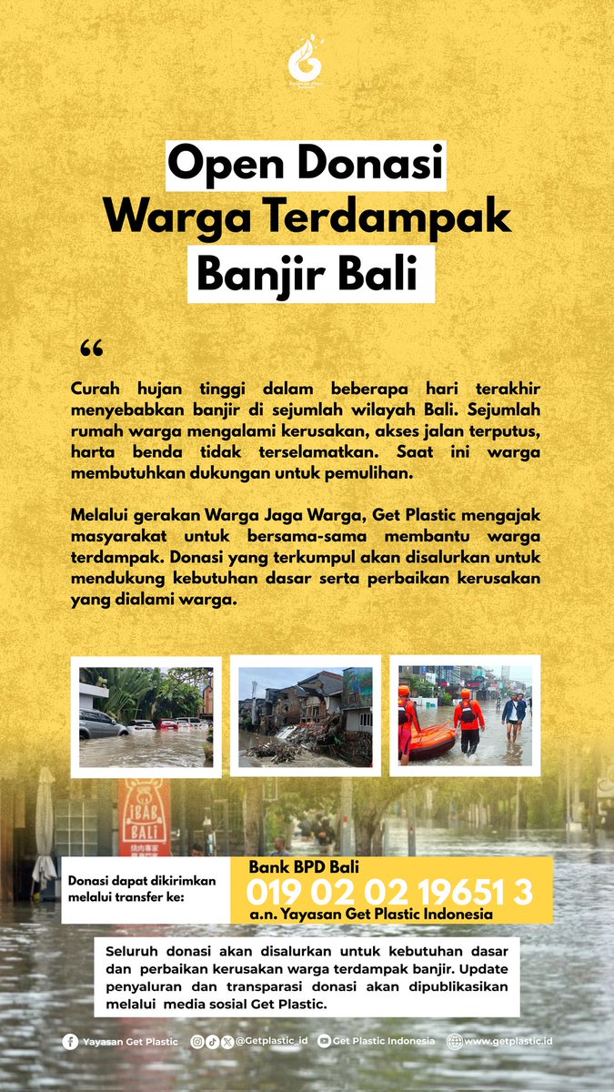 Curah hujan tinggi dalam beberapa hari terakhir menyebabkan banjir di sejumlah wilayah Bali.

Get Plastic mengajak kita semua untuk bersama-sama membantu warga terdampak.

🏦 Bank BPD Bali
019 02 02 19651 3
a.n. Yayasan Get Plastic Indonesia

Mari #WargaJagaWarga 💛