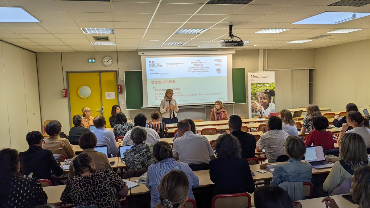"Accessibilité universelle des apprentissages et des pratiques inclusives"
Ouverture du séminaire de rentrée des formateurs par <a href="/CatherineRidard/">Catherine Ridard</a>, IA-DASEN, en présence d'E. Pasteur, IEN-ASH conseillère technique de la rectrice de l'<a href="/acbesancon/">Académie de Besançon</a>, et d'I. Arzel, A-DASEN