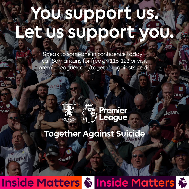 AVFCOfficial's tweet photo. Every 90 minutes, someone in the UK takes their own life. Aston Villa and @PremierLeague are working with Samaritans to provide support for fans that need it most.

You support us, let us support you.

#TogetherAgainstSuicide #InsideMatters