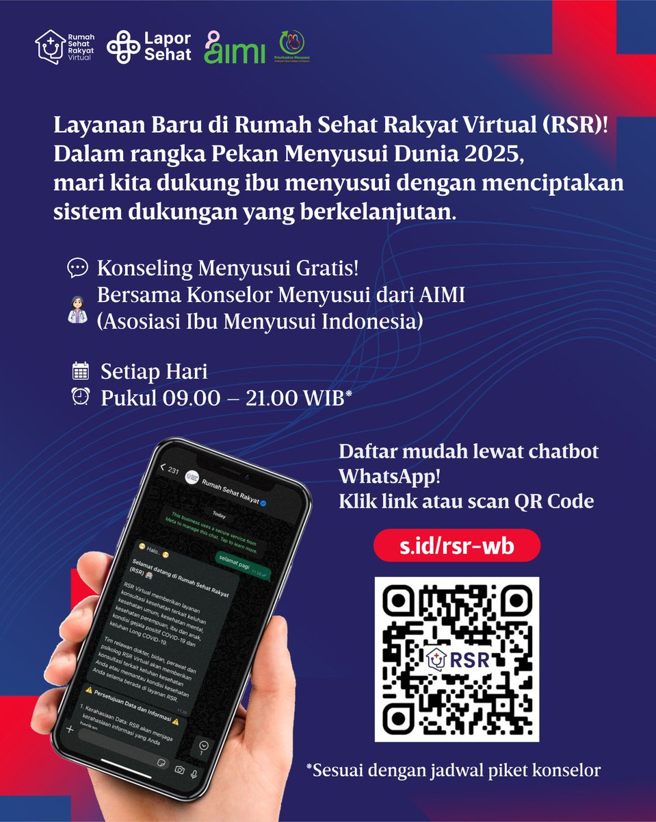 credOLIN's tweet photo. Konseling Menyusui Gratis!Bersama Konselor AIMI (Asosiasi Ibu Menyusui Indonesia)
📆 Setiap hari 
🕘 09.00–21.00 WIB

Daftar mudah lewat chatbot WhatsApp ⬇️
🔗 https://t.co/vC0gm4zopJ atau
📱 (Scan QR Code terlampir) https://t.co/hN24G5UkPv