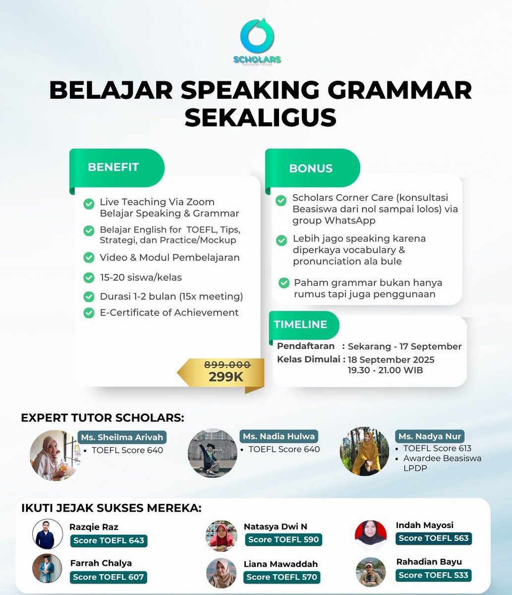 Mau belajar bahasa Inggris, tapi bingung mulai darimana?🤔

Solusinya
Belajar di Scholars, fokus belajar English + Praktek sesuai kebutuhan. Bonus 2x test English Premium🤩
#TOEFL #IELTS #bahasainggris #beasiswa #IISMA #BUMN #CPNS #LPDP #kursus #les #speaking #grammar #Gemini_NT
