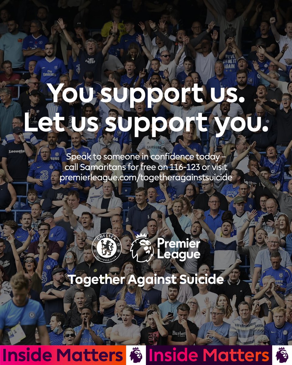 Chelsea FC (@chelseafc) on Twitter photo Every 90 minutes, someone in the UK takes their own life.
<a href="/CFCFoundation/">Chelsea Foundation</a> and @PremierLeague are working with Samaritans to provide support for fans that need it most.
You support us, let us support you.
#TogetherAgainstSuicide Every 90 minutes, someone in the UK takes their own life.
<a href="/CFCFoundation/">Chelsea Foundation</a> and @PremierLeague are working with Samaritans to provide support for fans that need it most.
You support us, let us support you.
#TogetherAgainstSuicide