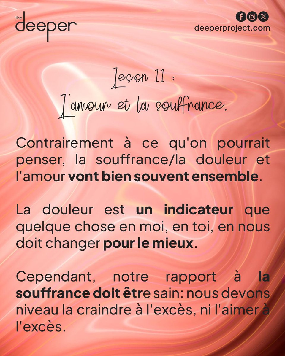 DeeperProject30's tweet photo. @Lafissou_ Leçon 11

L’amour et la douleur vont souvent ensemble.
La souffrance est un signal : quelque chose doit changer pour le mieux.
Ne la craignons pas à l’excès, ne l’aimons pas non plus.

#AllonsEnProfondeur #TheDeeper https://t.co/j0lR7av7tr