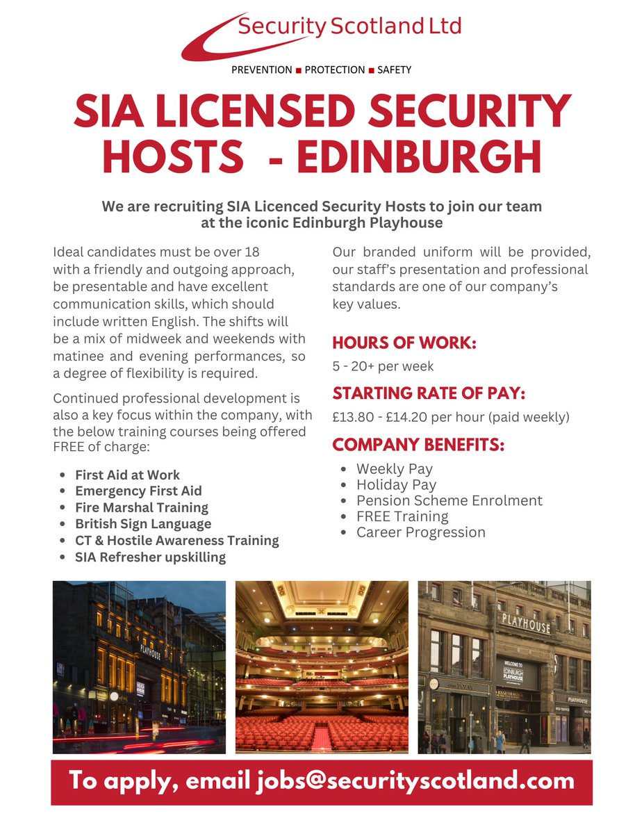 SecuritySCOT's tweet image. We are recruiting SIA Licensed Security Hosts to join our Edinburgh Playhouse Team.

Apply Now : surveymonkey.com/r/SSLAPP2024