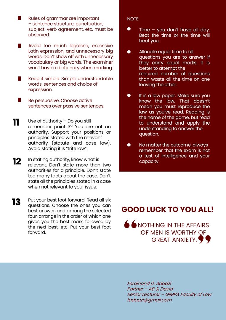 Here are some tips for students writing the entrance exam this Friday. Relax and don't overstress yourself in the remaining days before the exam. Best of luck to all of you, and remember, it is not a life-and-death issue. It is just an exam. Good luck.