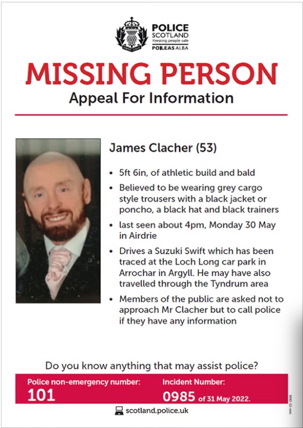 RussellFindlay1's tweet image. A shocking account of how a rape victim was arrested after her rapist faked his disappearance:
May 2022: Police Scotland issued this "missing person" appeal for James Clacher whose car, and a suicide note, were found at Loch Long in Arrochar, Argyll. 👇
🧵Thread 1/4