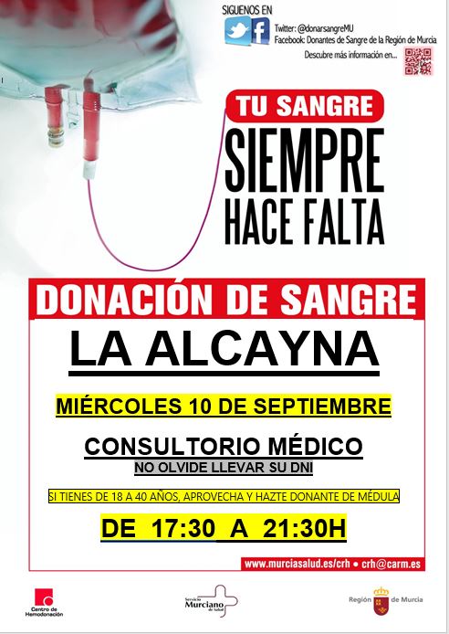 #BuenosDías y #FelizMiercoles  
🩸La donación de sangre es un pilar básico en nuestra sanidad, sin tu ayuda difícilmente se podrían realizar cirugías, trasplantes, tratamientos a enfermos.  
Hoy nos 🚑 desplazamos a #Cieza y #LaAlcayna ⬇️

Os esperamos 💪