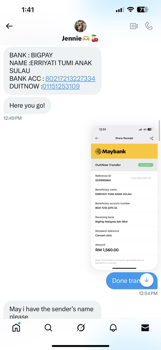 jiakmrdn's tweet image. SCAMMER‼️‼️

NAK MINTA TOLONG RETWEET NI SAMPAI MINAH NI PULANGKAN DUIT😭😭😭Minah ni scam i utk 2 seat ticket. Mula2 i nak beli dekat dia tiket VIP viviz sbb awal2 tu dah sold out. Mula2 lepas transfer dia kata i tak bayar service fee so i transfer another money. @/ just_jennie9