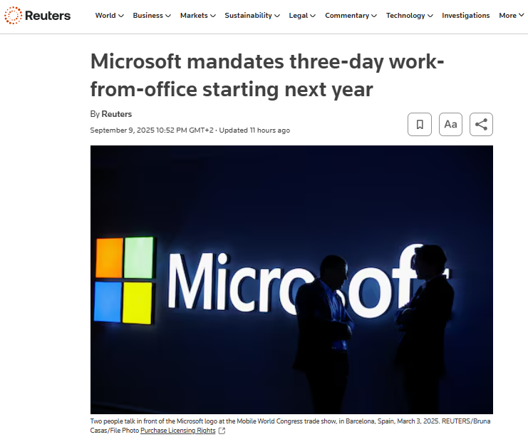 Microsoft Is Officially Sending Employees Back to the Office.

Employees within 50 miles (80 km)  of a Microsoft office must work on-site at least three days a week.