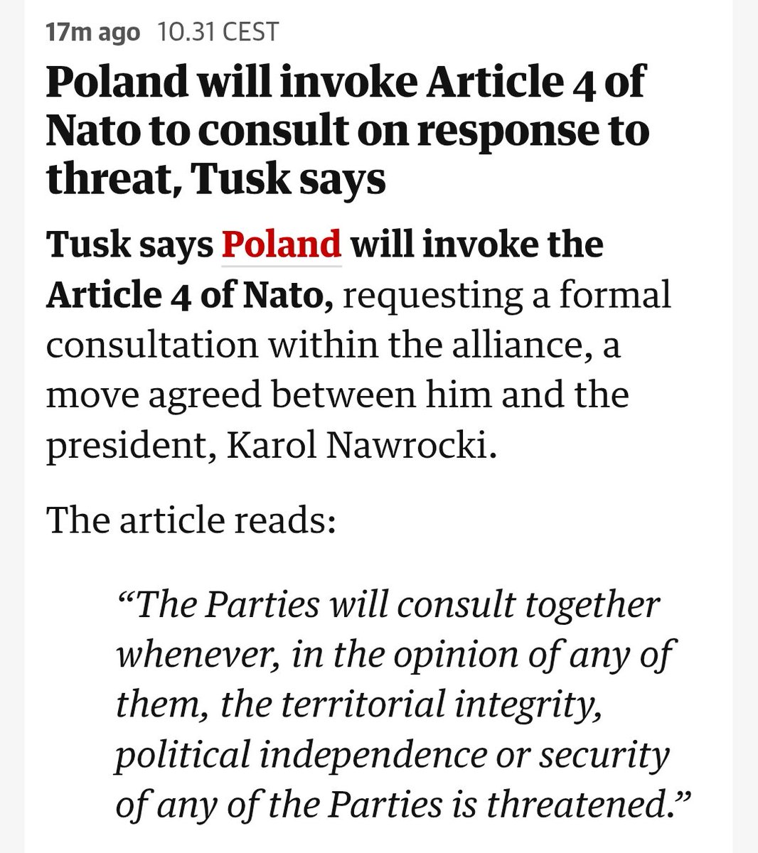 ‼️Poland invokes Article 4‼️

Tusk warns prospect of military conflict ‘closer than at any time since second world war’ – follow live theguardian.com/world/live/202…