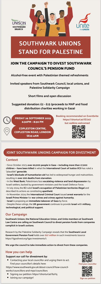 Join us at 6.30 on Friday 26th September for an evening of fundraising for Palestine and continuing the fight to divest the Southwark Council pension fund from any companies complicit in genocide against Palestine which is estimated to be £97m