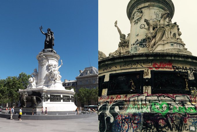 A statue of a dark figure standing atop a white column with figures at the base, set in a sunny plaza with trees and buildings. Another statue of white figures on a column, covered in colorful graffiti including tags like "DKS" and "PARIS".