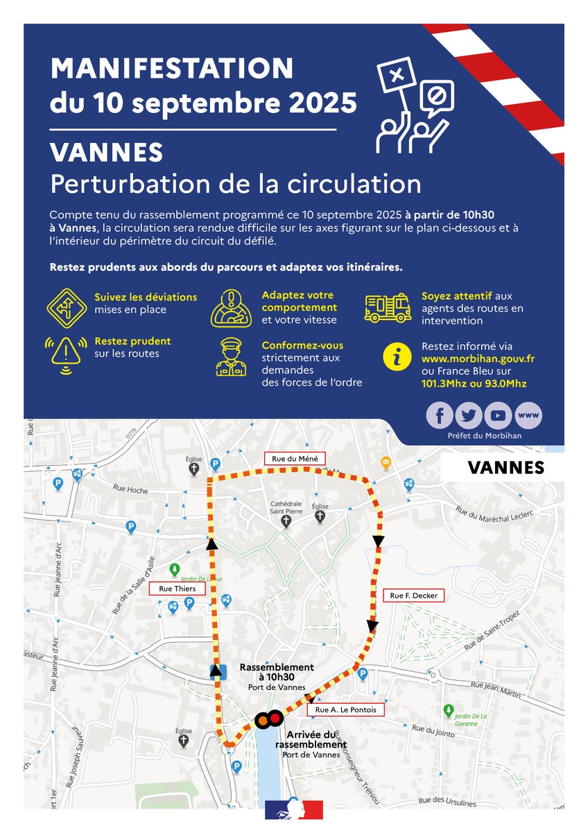 Manifestation | ⚠️
Compte tenu du rassemblement programmé ce 10 septembre 2025 à partir de 10h30 à #Vannes, la circulation sera rendue difficile sur les axes figurant sur le plan ci-dessous et à l’intérieur du périmètre du circuit du défilé.
Restez prudents aux abords du parcours