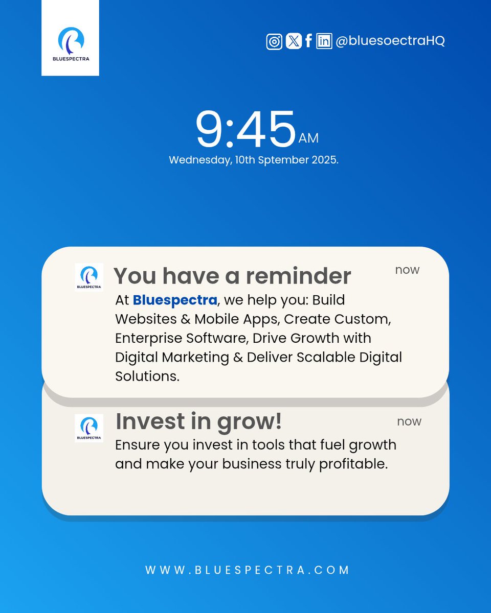 bluespectraHQ's tweet photo. Growth doesn’t come from having tools.
It comes from having the right tools.

At Bluespectra, we build digital solutions that don’t just make your business look modern, they make it profitable. 

#InvestSmart #DigitalGrowth #BusinessSolutions #Bluespectra https://t.co/d1ahleVvve