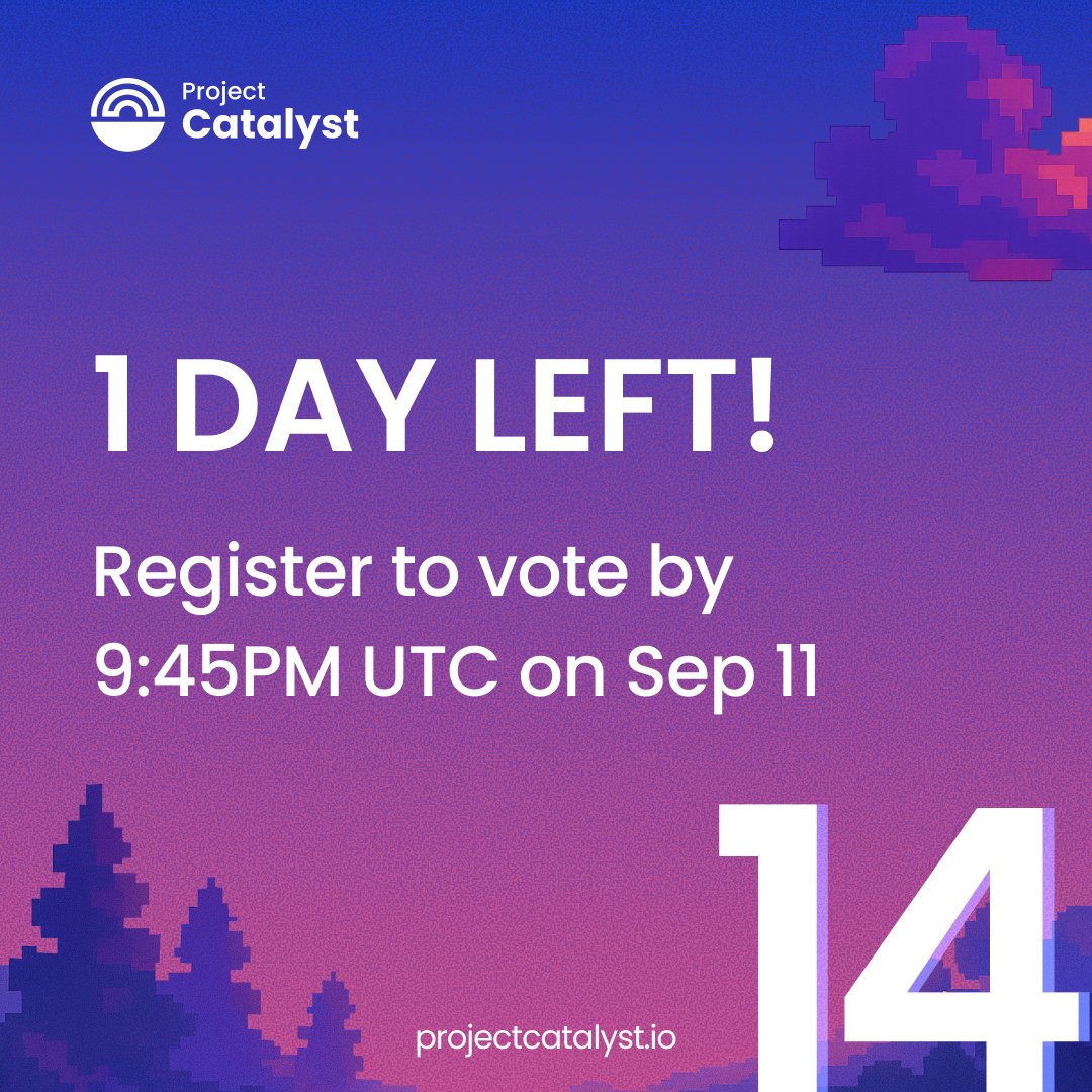 ⏰ One day to register to vote!  

🗓️ Deadline: Sept 11 – 9:45 PM UTC. Make your voice count and help shape the future.

Don’t miss out—register today!

Find more details on how to register here: docs.projectcatalyst.io/current-fund/v…