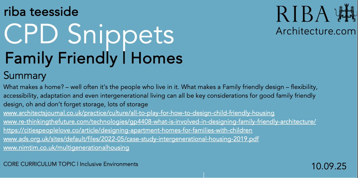 RibaTees's tweet image. This week #CPDSnippets looks at #FamilyFriendly #homes
links
architectsjournal.co.uk/practice/cultu…
re-thinkingthefuture.com/technologies/g…
citiespeoplelove.co/article/design…
ads.org.uk/sites/default/…
nimtim.co.uk/multigeneratio…
@RIBANorthEast @RIBA_YAPF @RIBA @RIBAYorkshire #architect #architecture #housingdesign