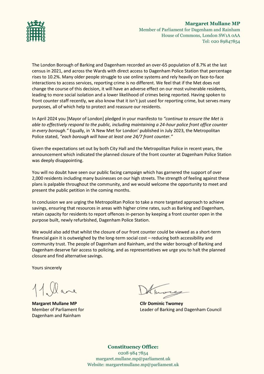 Closing the front counter at #Dagenham Police Station will leave my constituency, and the wider borough, with nowhere for residents to report crime in person.

<a href="/dominiclbbd/">Dominic Twomey</a> and I are calling on the Mayor of London and the Met Commissioner to have an urgent rethink. 🚨🚔👇