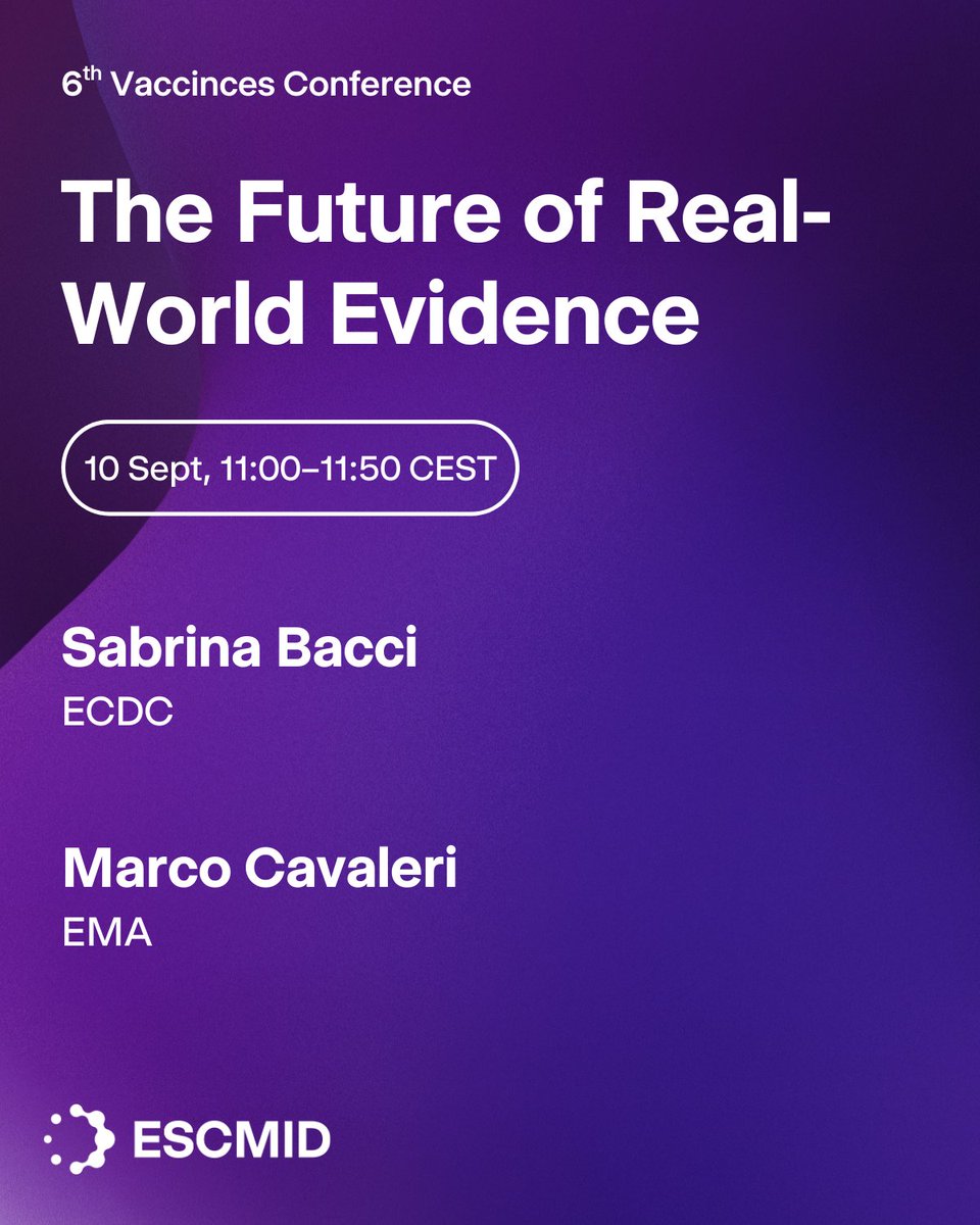 ESCMID's tweet photo. Coming up at the #VaccinesConference, meet the experts Sabrina Bacci from ECDC and Marco Cavaleri from EMA as they discuss the future of real-world evidence from studies to impact on public health decisions. https://t.co/zM7Ink7S81