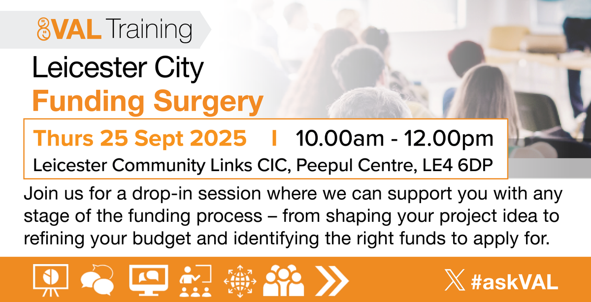 #Funding Surgery
Are you facing challenges with your funding application or unsure about your next steps?
Join us for a drop-in session where we can support you with any stage of the funding process:
valonline.org.uk/event/2025/09/…