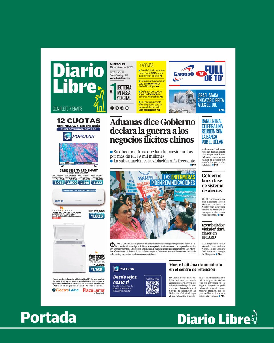 DiarioLibre's tweet photo. 🟢 | #PortadaDL | Aquí la portada de nuestra edición impresa de este miércoles 10 de septiembre del 2025.

#DiarioLibre #PeriódicoLíder https://t.co/b01GKJaPxv