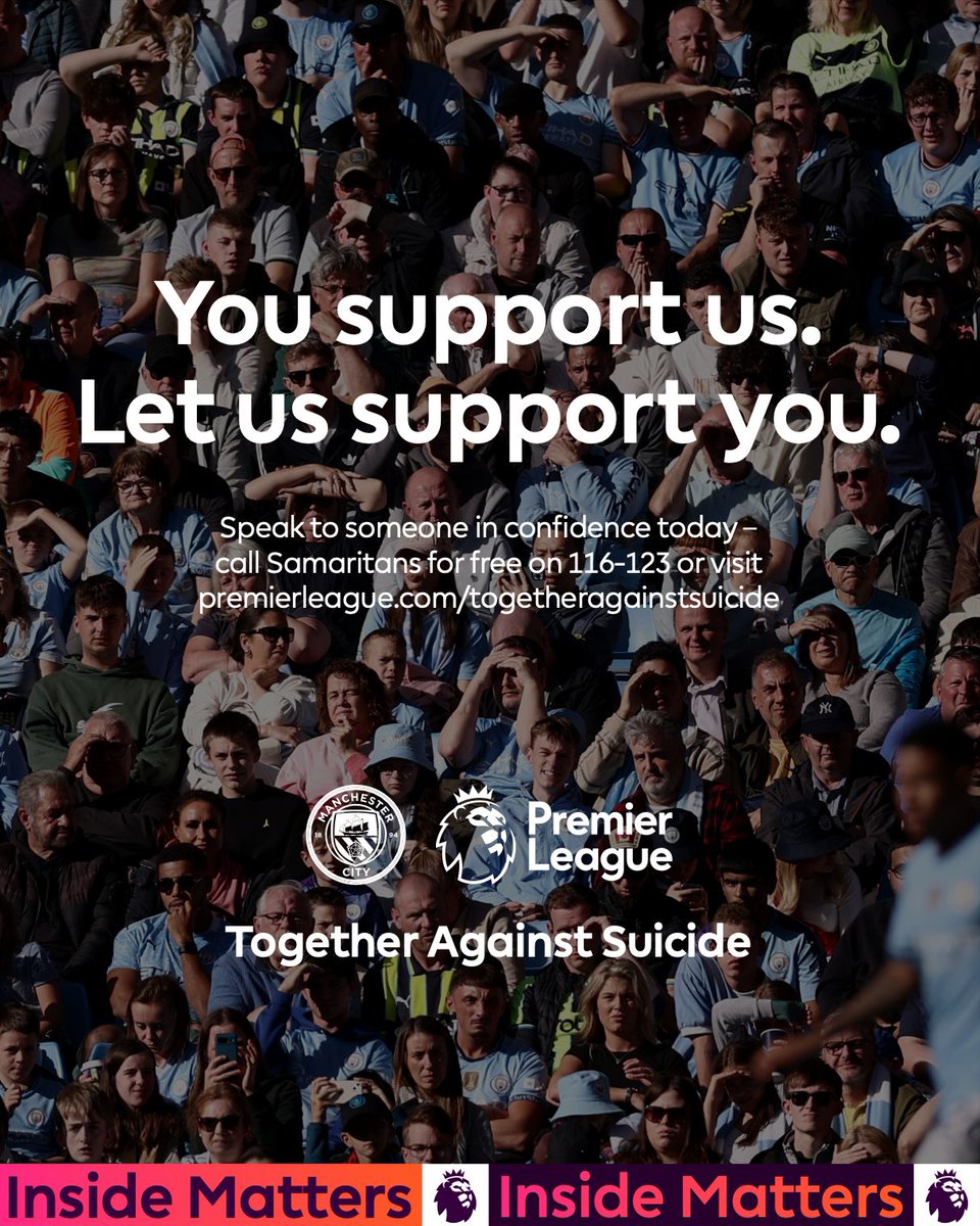 ManCity's tweet photo. Every 90 minutes, someone in the UK takes their own life.

You support us, let us support you.

#TogetherAgainstSuicide https://t.co/BMk9qX9pHe