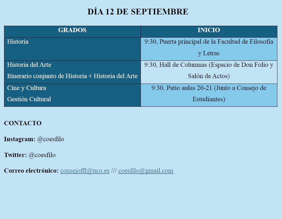 ¡Buenos días!👋 Os presentamos los horarios y espacios para las visitas que tendrán lugar los días 11 y 12 en la Facultad de Filosofía y Letras con motivo de las Jornadas de Bienvenida al estudiantado de nuevo ingreso👀.

No dudéis en realizar cualquier consulta😊. ¡Os esperamos!