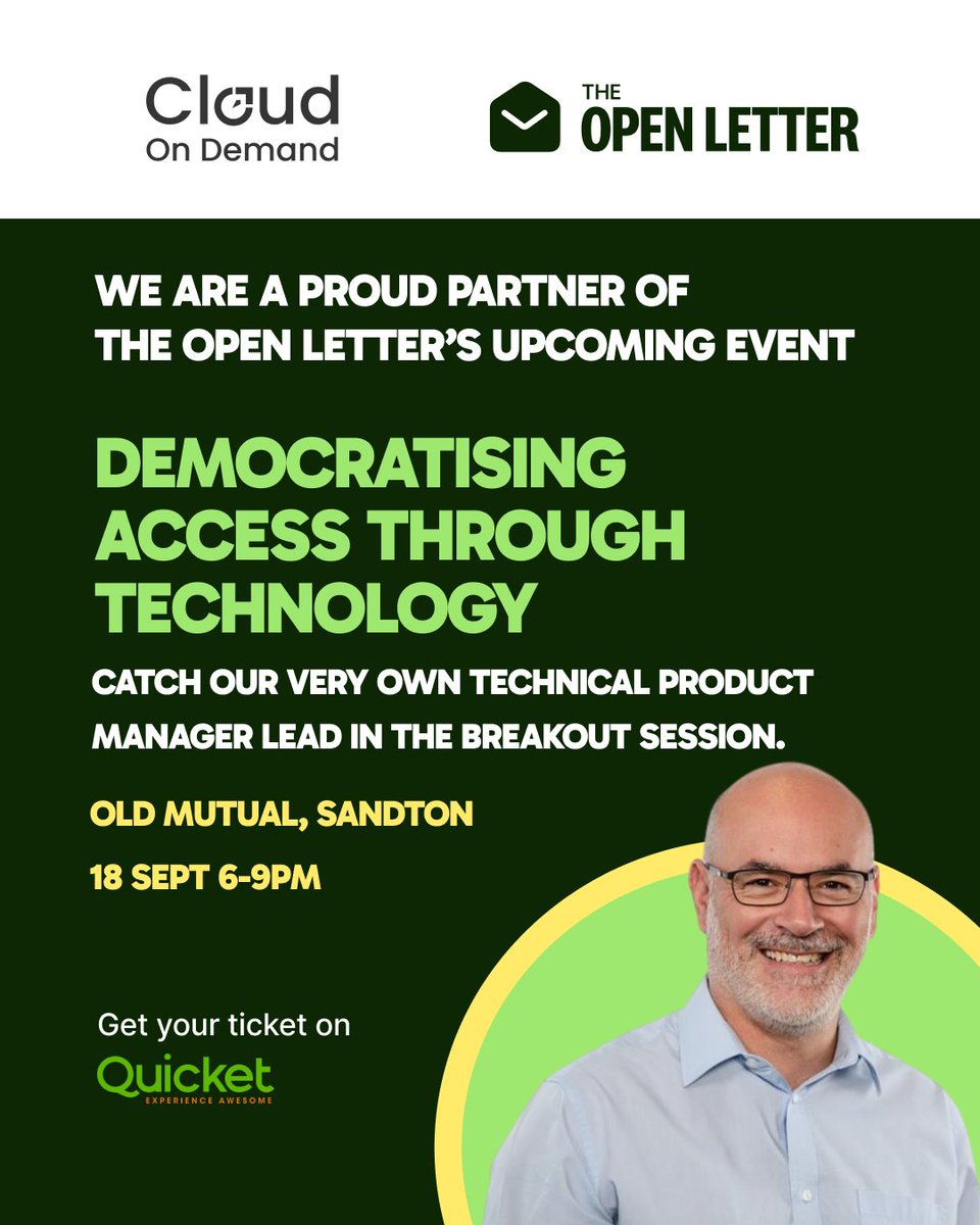 OnDemandZA's tweet image. We are partnering with The Open Letter for Democratising Access through Technology in Johannesburg. Catch our own Othelo Vieira on the breakout panel for bold conversations and fresh insights: hubs.ly/Q03HtK3w0  

#TheOpenLetterEvent #TechInsights #CloudOnDemand