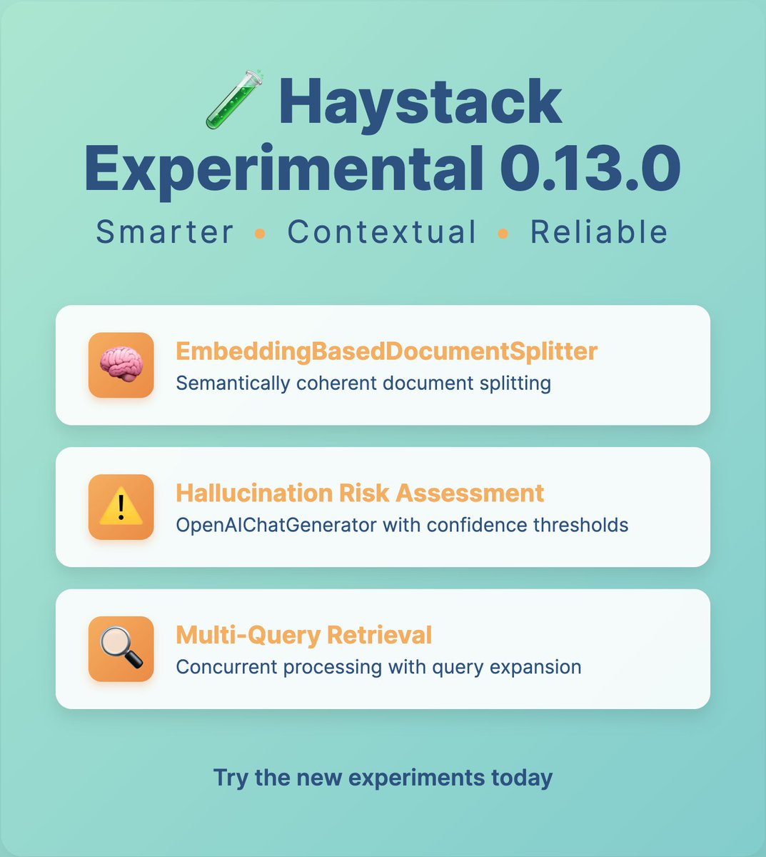 Haystack_AI's tweet image. 🧪 Haystack Experimental v0.13.0 is here!

✨ New experiments:
- Smart document splitting that understands context
- AI that recognizes when it might be hallucinating
- Query expansion that searches multiple angles of the query at once

Try the new experiments:…