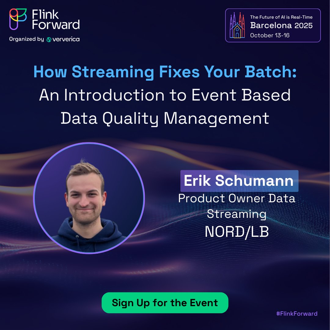 VervericaData's tweet photo. Batch exposes data quality issues too late.
At Flink Forward Barcelona 2025, Erik Schumann from NORD/LB shows how Flink, Kafka, and Camunda power a real-time data quality platform for banking.
๐ Register: https://t.co/OzFhFXvFEl
#FlinkForward #ApacheFlink #StreamingData https://t.co/2qpiRzGV9p