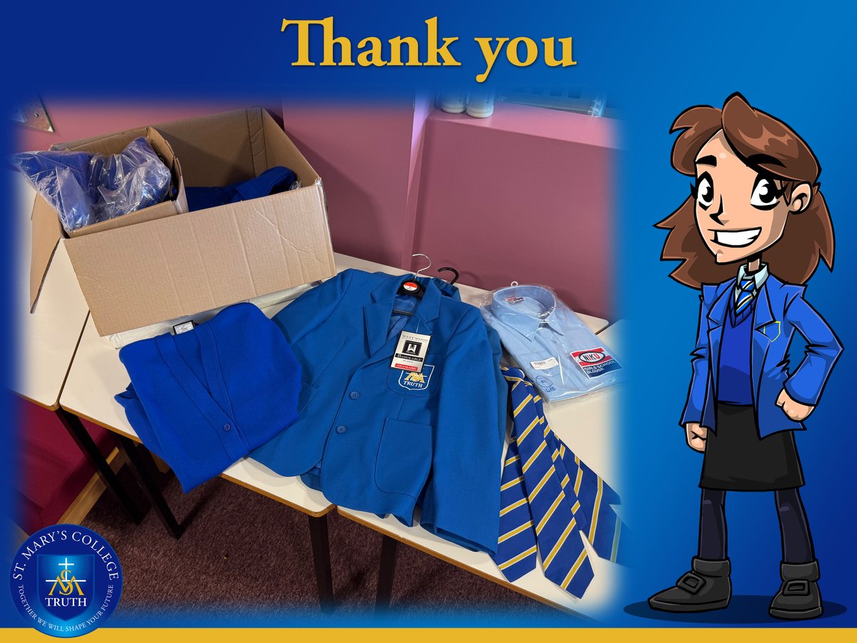 SaintMarysDerry's tweet image. Many thanks to Nicola Mahon, Managing Director of MODE (Embroidery & Print) who very generously donated a large box of brand new uniform items including blazers, ties and skirts to the school. We are very grateful for this fantastic donation.