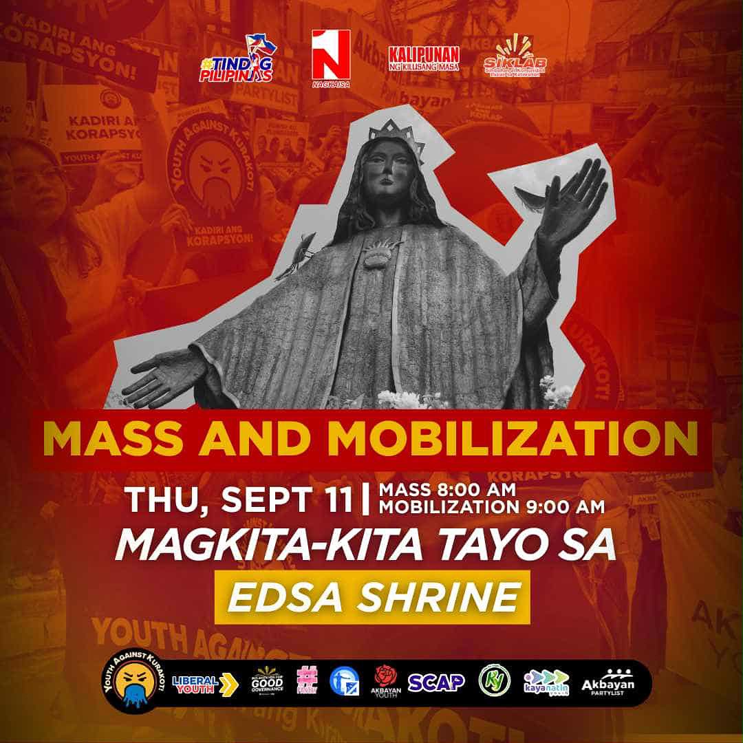 Akbayan_Youth's tweet photo. KADIRING KORAPSON! SIGPUIN, PANAGUTIN! ✊🏼

Tara na, samahan ang Akbayan Youth at Youth Against Corruption sa pag tindig laban sa Korapsyon, sa gaganapin na Mass and Mobilization ngayong September 11, 9 AM, sa EDSA SHRINE. https://t.co/VwXjK1dPuI