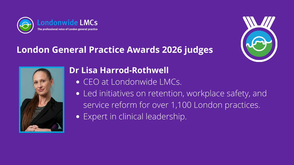 Our CEO, <a href="/DrLisaJHR/">Lisa Harrod-Rothwell</a>, will be joining the judging panel for the Londonwide LMCs’ London General Practice Awards 2026. Nominations are open to all GPs and general practice staff working across London general practice and close on 31 October 2025.
lmc.org.uk/news/londonwid…