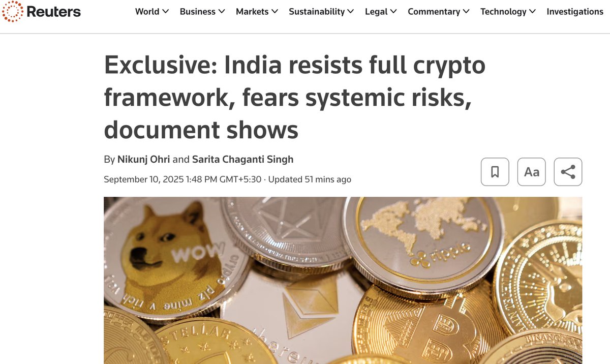 bitinning's tweet image. BREAKING🇮🇳: The Indian government sees #Crypto with caution👇

- Regulation may legitimise crypto
- Ban can’t stop peer-to-peer trades
- Stablecoins could impact digital payments
- Partial oversight in place
- Heavy taxes deter speculation

Is fear holding India back from…