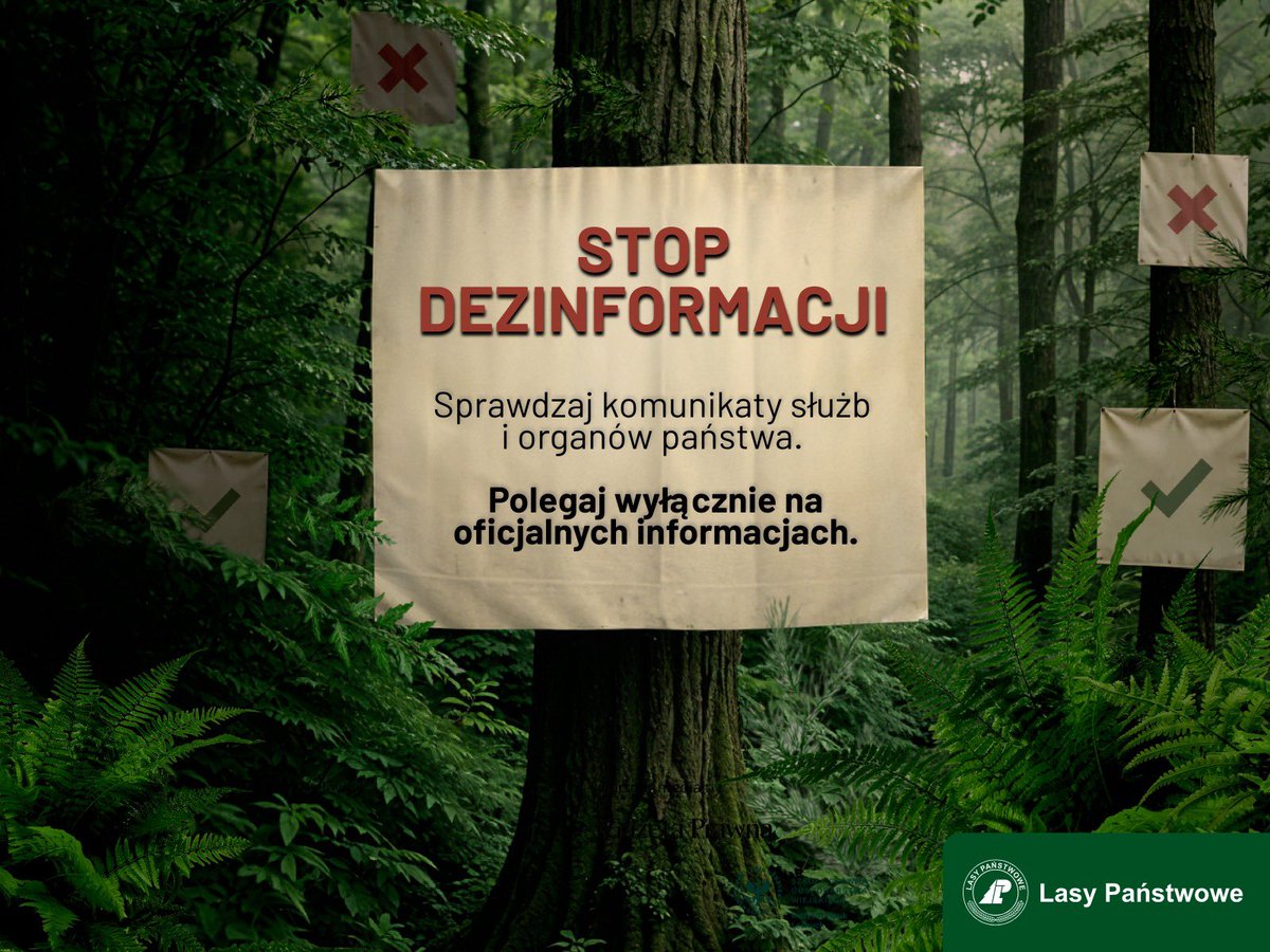 LPanstwowe's tweet photo. 🛑 STOP DEZINFORMACJI!

W sytuacjach wymagających rzetelnych informacji warto korzystać wyłącznie ze sprawdzonych źródeł:

oficjalnych komunikatów Rządowego Centrum Bezpieczeństwa i Wojska Polskiego.

W przypadku lasów – np. czasowego zakazu wstępu ze względów bezpieczeństwa – aktualne informacje znajdziesz zawsze na stronach internetowych poszczególnych nadleśnictw.