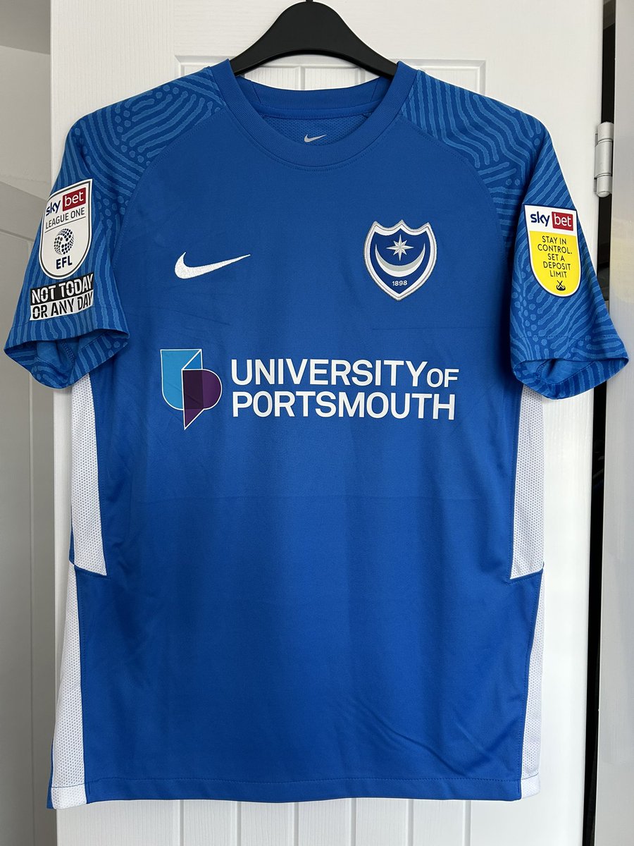 pompeyrick's tweet photo. Portsmouth Match prepared shirt 2021-22. Callum Johnson. https://t.co/lTq3aNNuPe