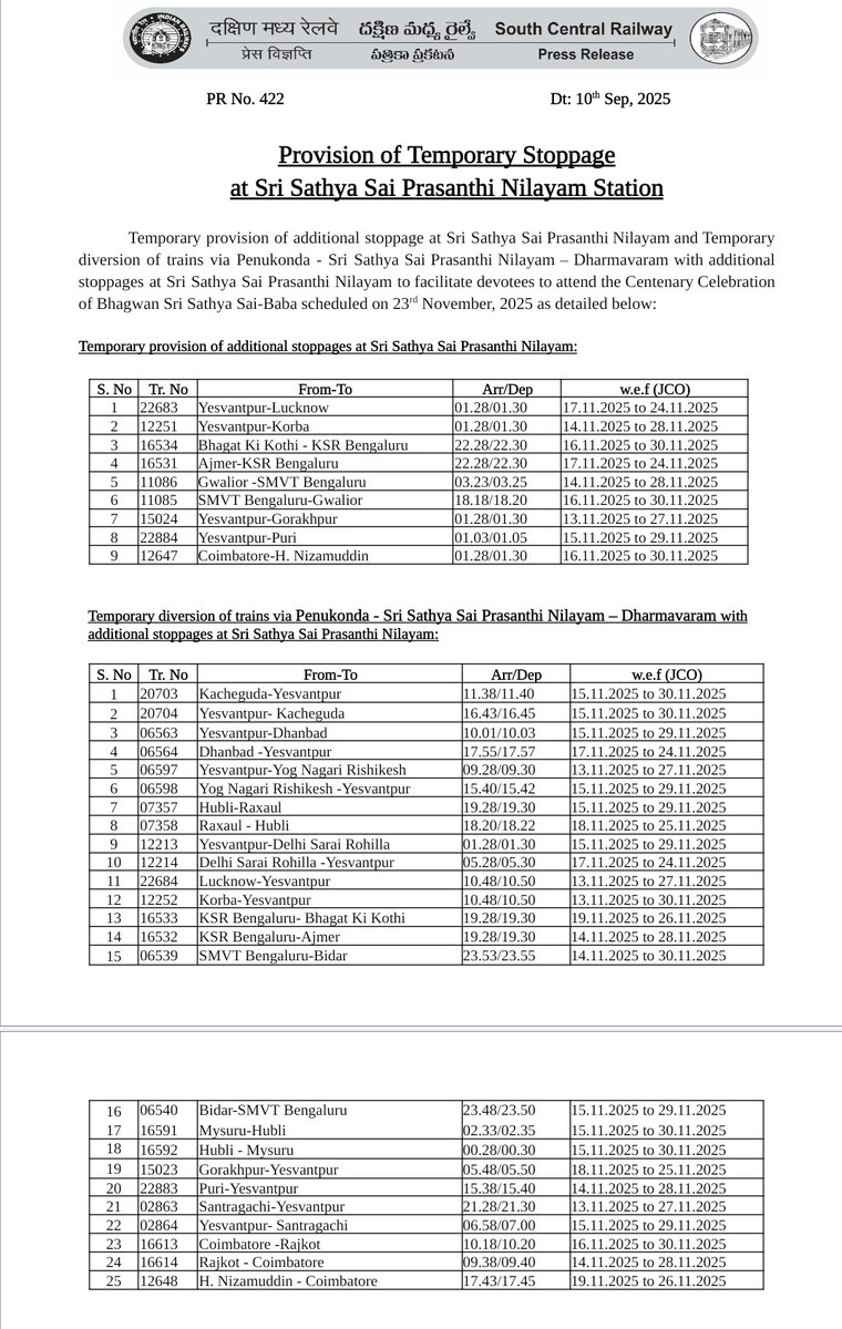 Provision of Temporary Stoppage at Sri Sathya Sai Prasanthi Nilayam Station