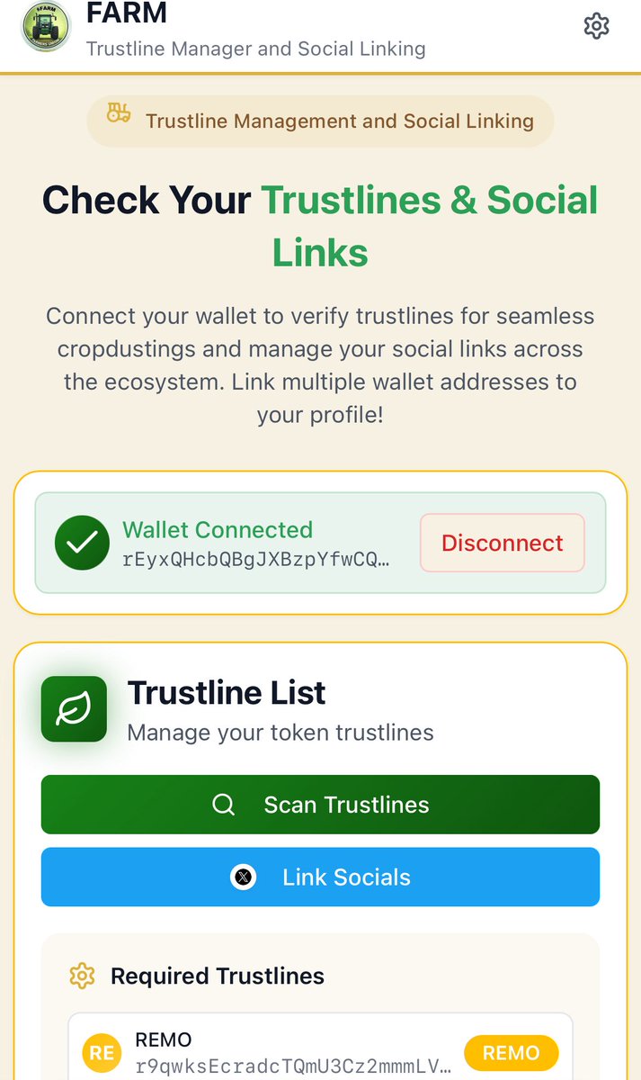 Minimum farm tokens for crop dusting 500k
Minimum farm holdings for  further growth into the white paper 📝 2.5m 

To participate add your trust-lines and start buying $FARM and collecting 

Want to Further your holdings? Add TO AMM and receive drip 💧 s of farm