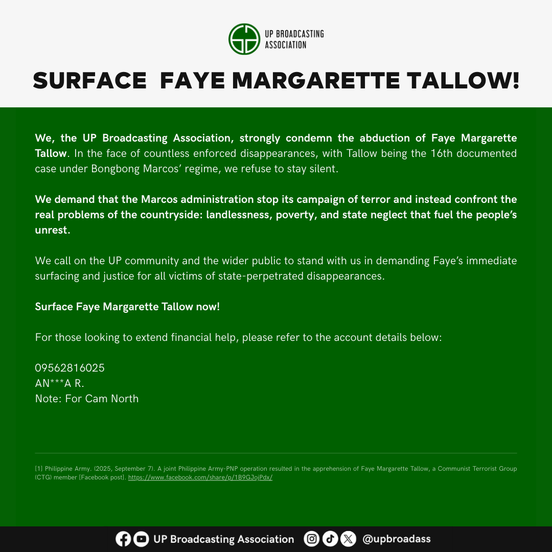 SURFACE FAYE MARGARETTE TALLOW!

For those looking to extend financial help, please refer to the account details below:

09562816025
AN***A R.
Note: For Cam North

#ReleaseFayeTallow
#SurfaceAllDesaparecidos
#HandsOffPeasantAdvocates