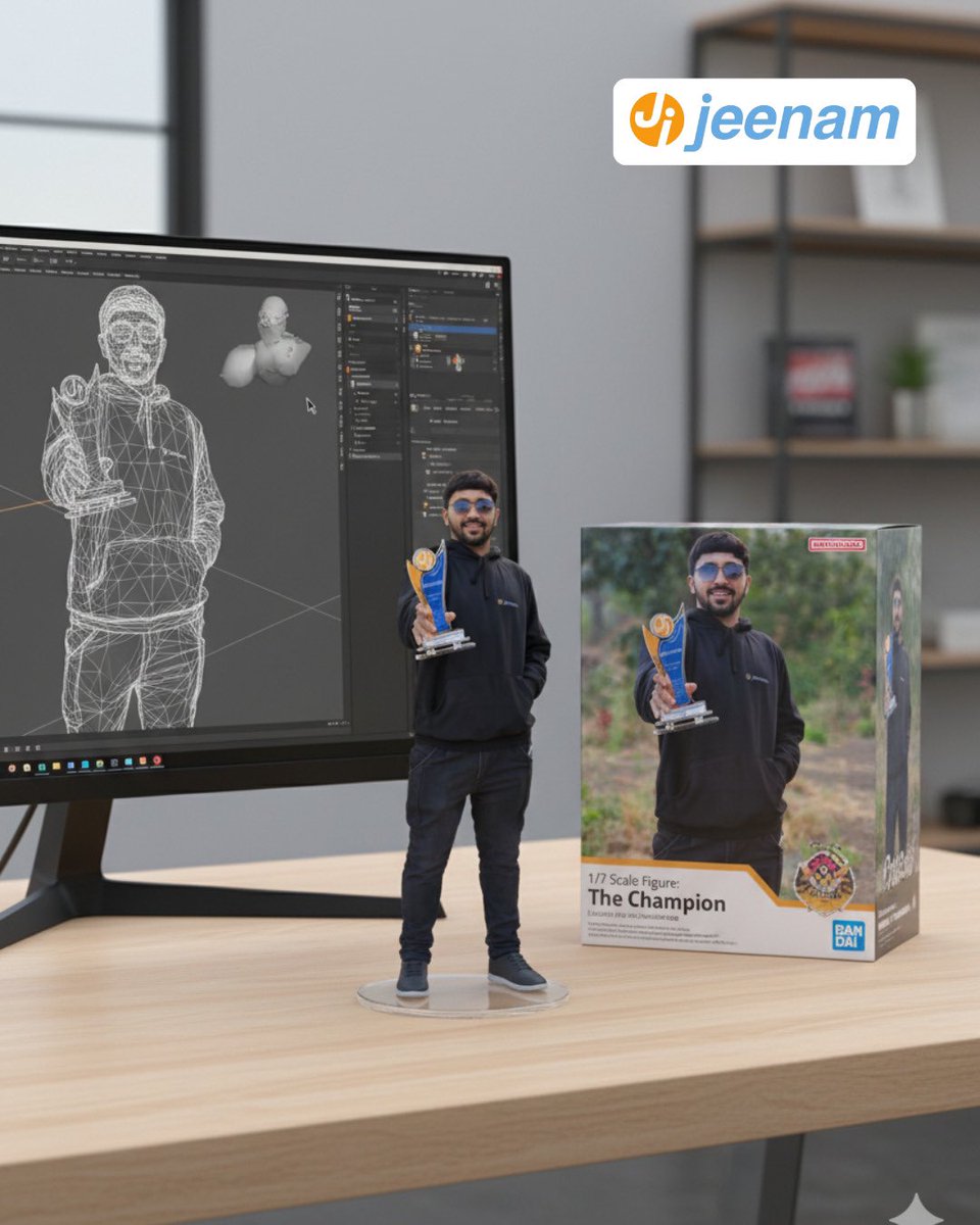 jeenaminfotech's tweet photo. From an AI prompt to a 1/7 scale action figure ✨
🖥️ Model on screen
🪄 Miniature on desk
📦 Bandai-style box

The future of AI + design + product commercialization is here 🚀

Would you buy a mini version of yourself? 👀

#AI #3DModeling #Innovation https://t.co/rFzg3VkE3b