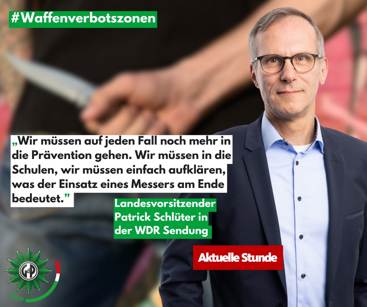 Unser Landesvorsitzender Patrick Schlüter im WDR: Waffenverbotszonen allein reichen nicht aus. „Wir müssen stärker in die Prävention, in die Schulen, aufklären, was der Einsatz eines Messers bedeutet.“ 👉 Prävention ist der Schlüssel! #gdpnrw #prävention #wdr #aktuellestunde