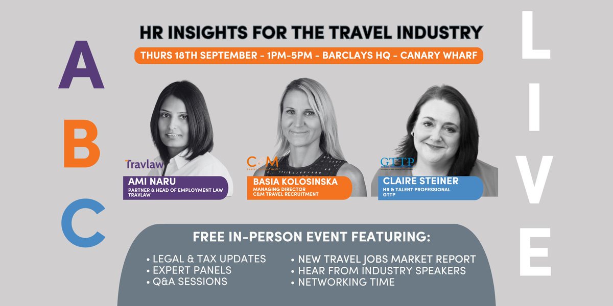 There's just 1 week until ABC Live 25! Exclusively for the travel industry, join <a href="/naru_ami/">Ami Naru</a>, <a href="/BK_CandM/">Barbara Kolosinska</a>,
<a href="/ClaireSteinerUK/">Claire Steiner</a>, Adolfo Penzato and special guests
for HR &amp; recruitment insights, expert panels and networking time - book your place for free! #ABClive eventbrite.co.uk/e/abc-live-hr-…