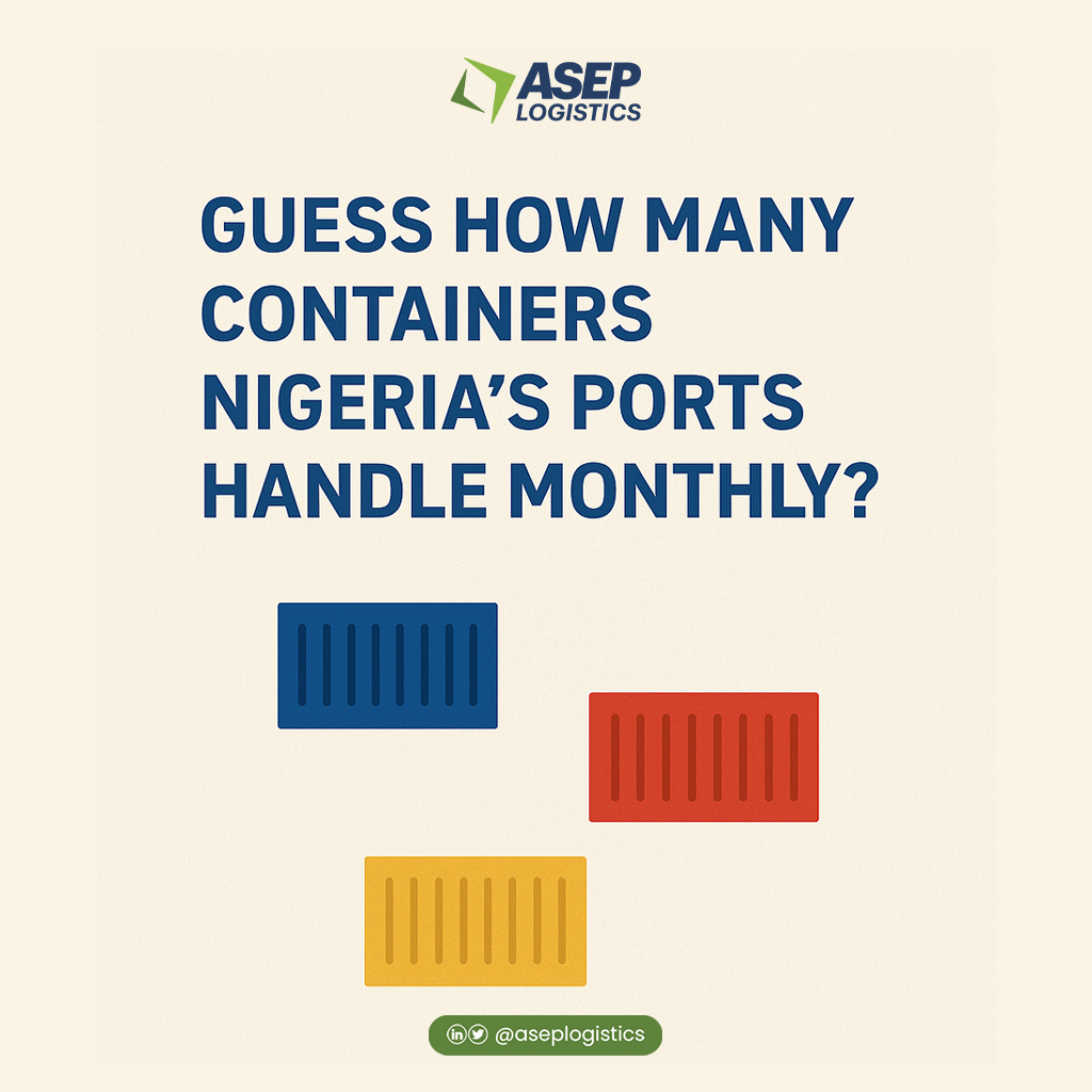 Asep_Logistics's tweet image. Logistics Trivia Time! Guess how many containers Nigeria’s ports handle every month. Drop your answers in the comments ⬇️. We’ll reveal the correct figure in our next post! 🚢 #LogisticsTrivia #ASEPInsights
