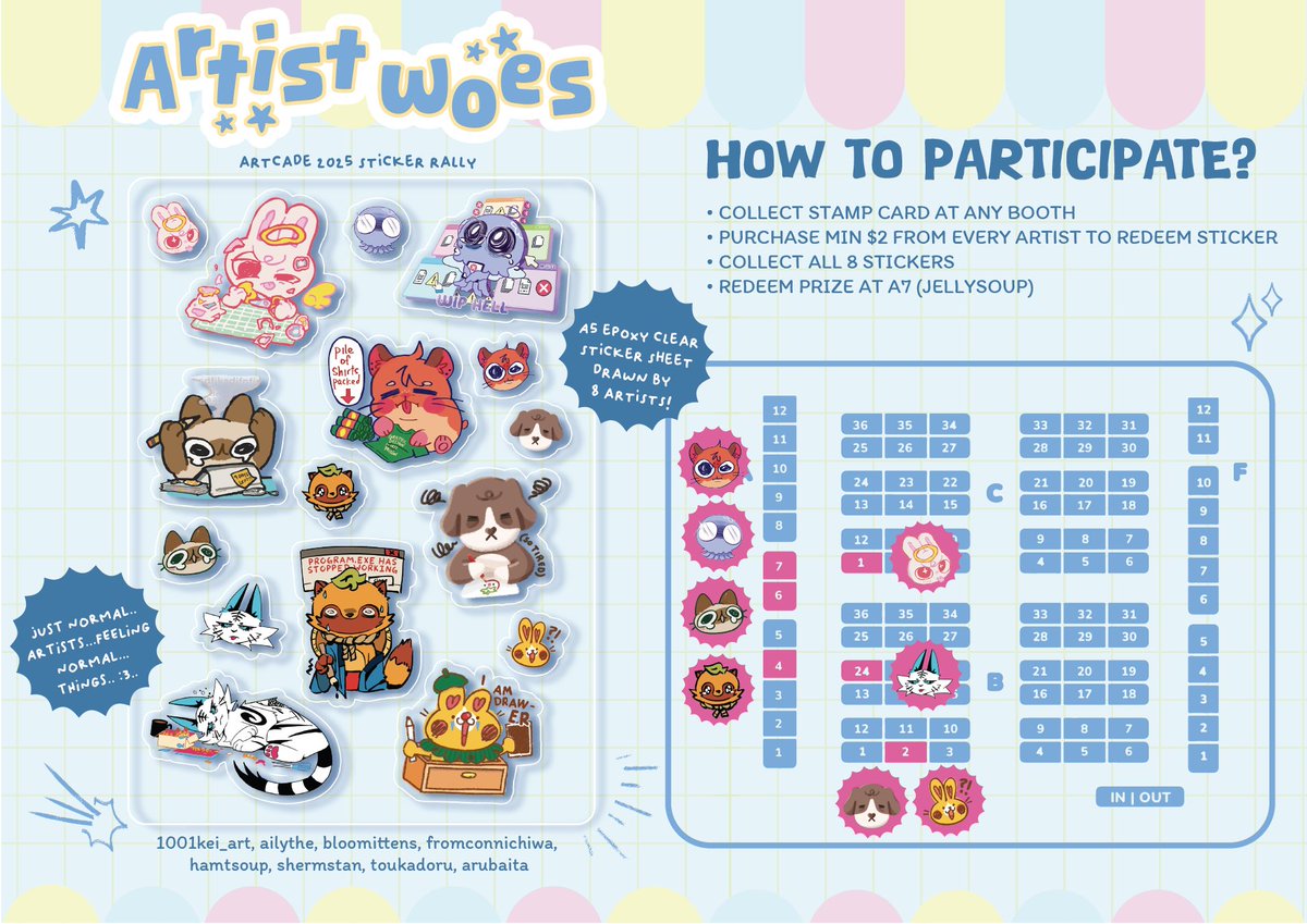 Art is pain art is suffering but art is fun 🤓🎨

We have gathered 8 artist to create this silly but also scarily relateable sticker sheet for a sticker rally happening during Artcade !!! 

Hope you can come and participate &gt;:3 (instructions ⤵️) #artcadesg